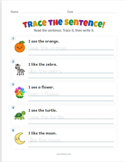 Sentence tracing · Short · 5 rows · set 2 worksheet