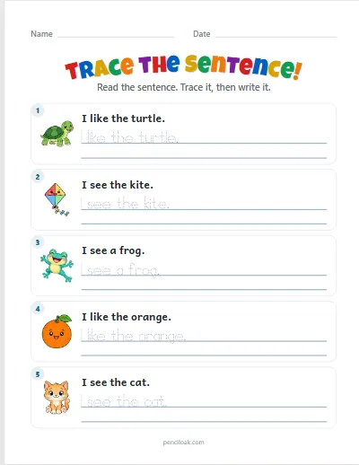 Sentence tracing · Short · 5 rows · set 3 worksheet