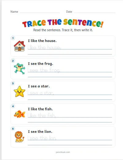 Sentence tracing · Short · 5 rows · set 4 worksheet