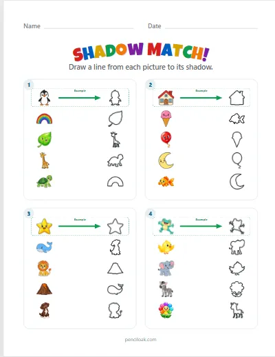 Shadow match · Everyday · 5 pairs · 4 boxes worksheet