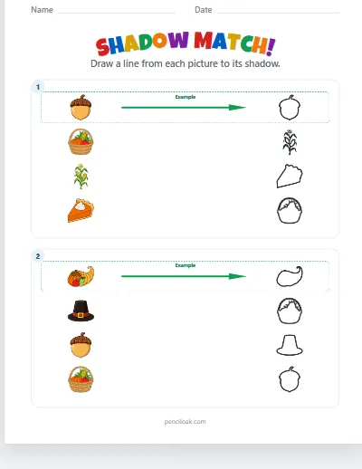 Shadow match · Thanksgiving · 4 pairs · 2 boxes worksheet