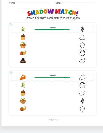 Shadow match · Thanksgiving · 5 pairs · 2 boxes worksheet