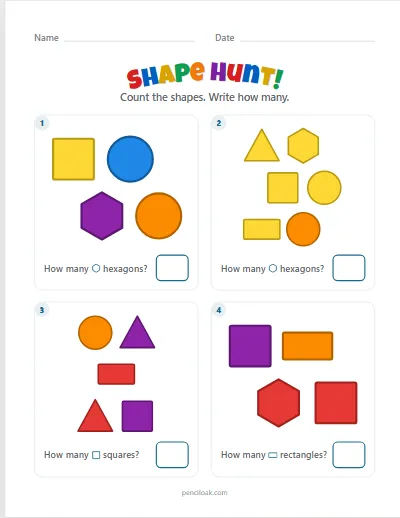 Shape hunt · All shapes · 4 questions · set 2 worksheet
