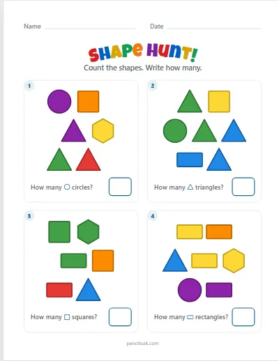 Shape hunt · All shapes · 4 questions · set 3 worksheet