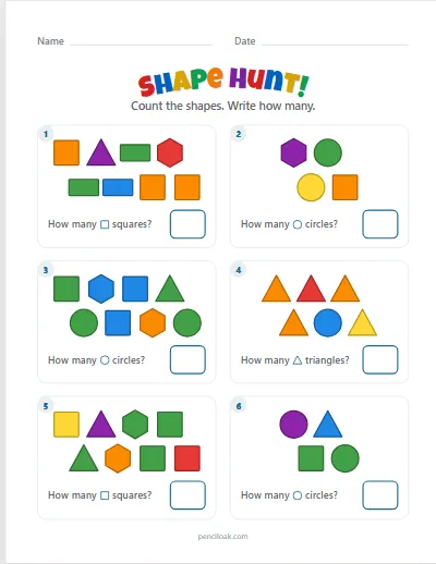 Shape hunt · All shapes · 6 questions · set 2 worksheet