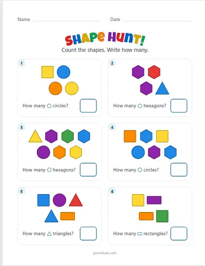 Shape worksheets: count the shapes — Pencil Oak