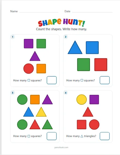 Shape hunt · Circle, square, triangle · 4 questions · set 2 worksheet