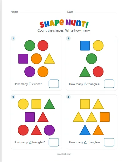 Shape hunt · Circle, square, triangle · 4 questions · set 3 worksheet