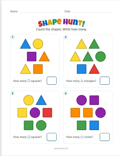 Shape worksheets: count the shapes — Pencil Oak