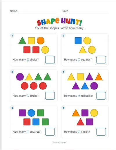 Shape hunt · Circle, square, triangle · 6 questions · set 2 worksheet