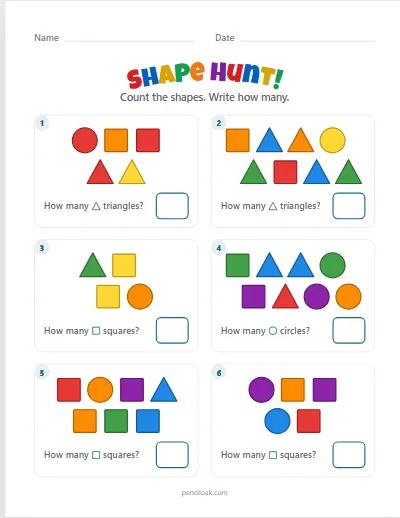 Shape hunt · Circle, square, triangle · 6 questions · set 3 worksheet