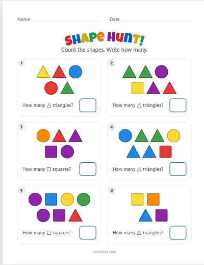 Shape hunt · Circle, square, triangle · 6 questions worksheet