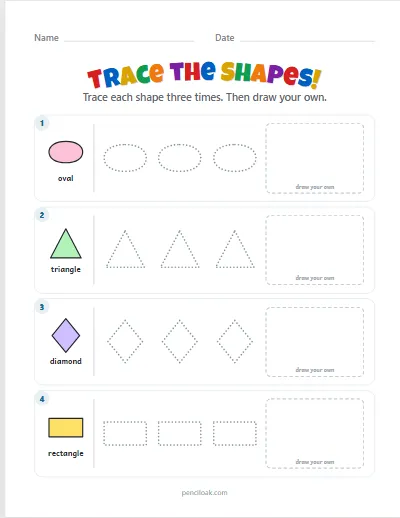 Shape tracing · Basic shapes · 4 rows worksheet