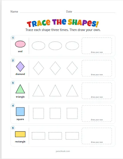 Shape tracing · Basic shapes · 5 rows worksheet
