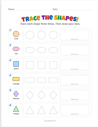 Shape tracing · Basic shapes · 6 rows · set 2 worksheet