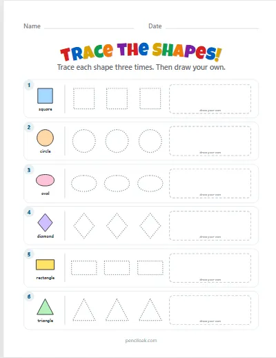 Shape tracing · Basic shapes · 6 rows · set 3 worksheet