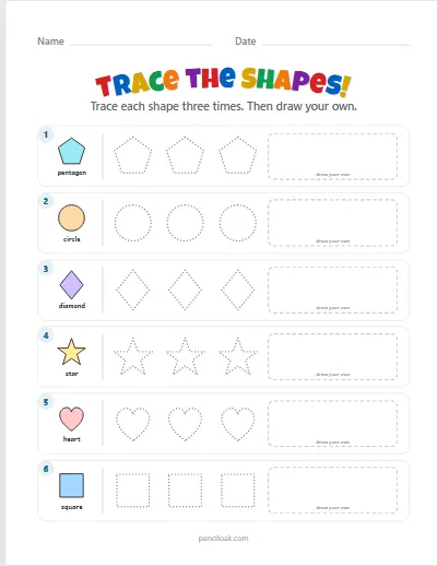 Shape tracing · Mixed shapes · 6 rows · set 2 worksheet