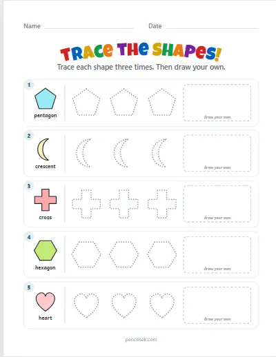 Shape tracing · More shapes · 5 rows worksheet