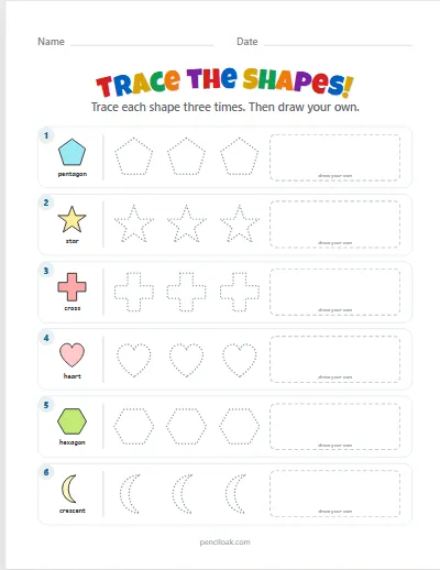 Shape tracing · More shapes · 6 rows worksheet
