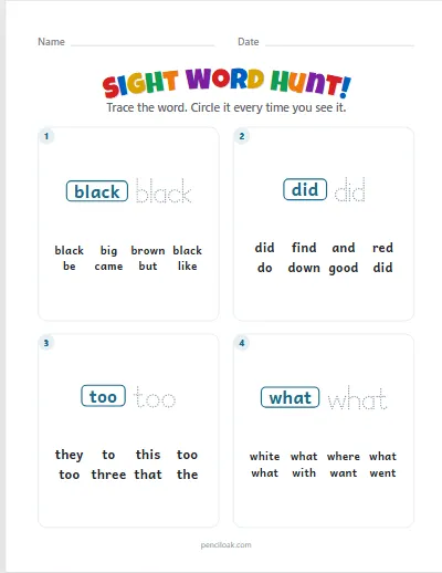 Sight word hunt · Both lists · 4 questions · set 2 worksheet