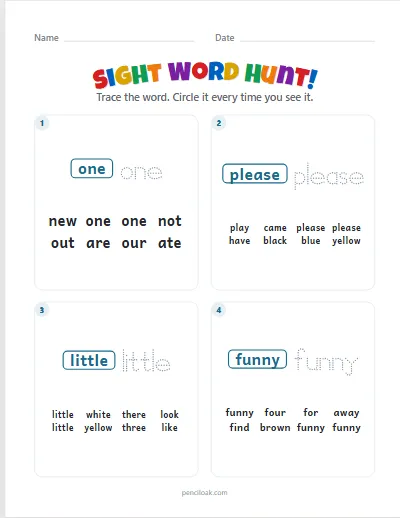 Sight word hunt · Both lists · 4 questions worksheet