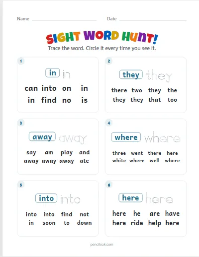 Sight word hunt · Both lists · 6 questions · set 2 worksheet