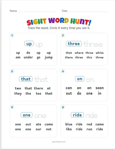 Sight word hunt · Both lists · 6 questions worksheet