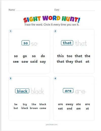 Sight word hunt · Kindergarten words · 4 questions · set 2 worksheet