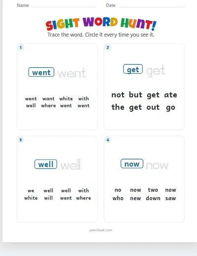 Sight word hunt · Kindergarten words · 4 questions worksheet