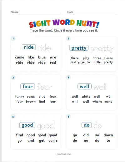 Sight word hunt · Kindergarten words · 6 questions · set 2 worksheet