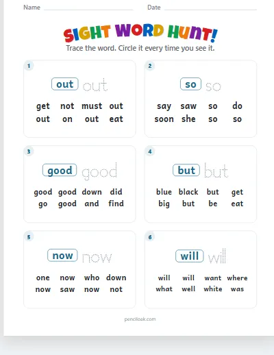 Sight word hunt · Kindergarten words · 6 questions worksheet