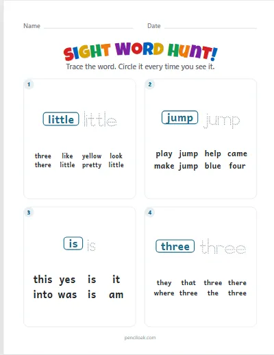 Sight word hunt · Pre-K words · 4 questions worksheet