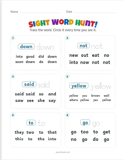 Sight word hunt · Pre-K words · 6 questions · set 2 worksheet