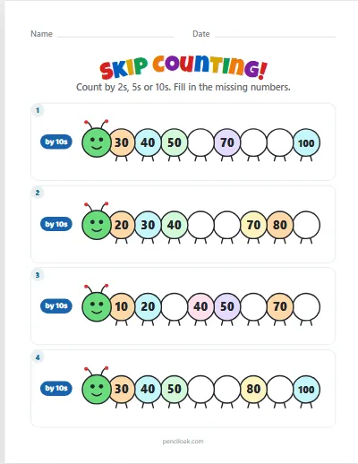 Skip counting · By 10s · 4 rows worksheet