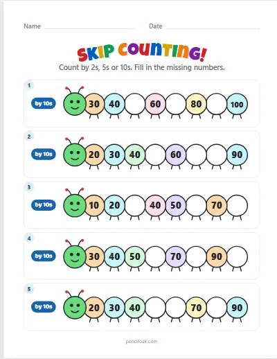 Skip counting · By 10s · 5 rows worksheet
