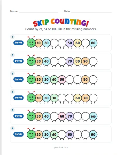 Skip counting · By 10s · 6 rows worksheet