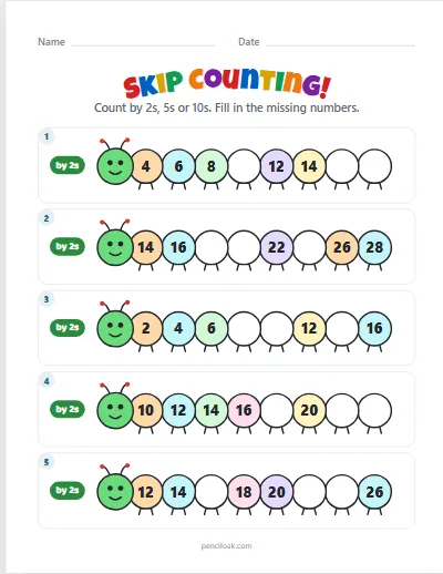 Skip counting · By 2s · 5 rows worksheet