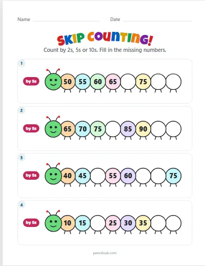 Skip counting · By 5s · 4 rows worksheet