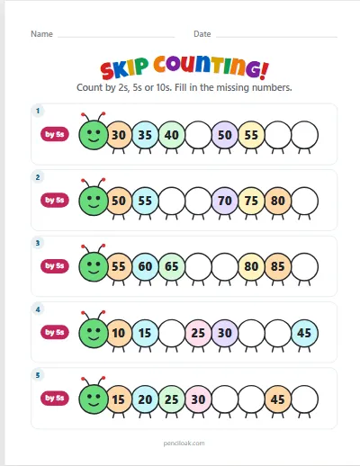 Skip counting · By 5s · 5 rows worksheet
