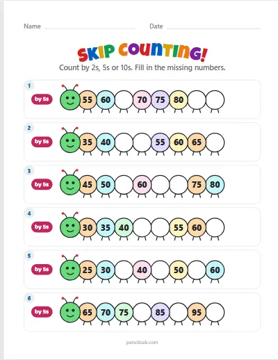 Skip counting · By 5s · 6 rows worksheet