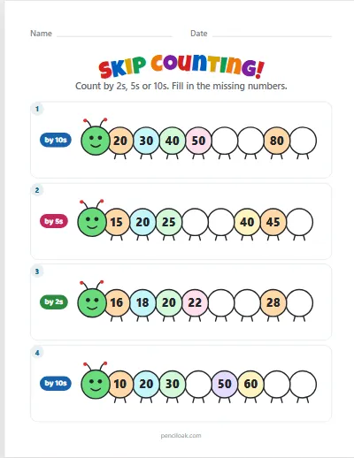 Skip counting · Mixed · 4 rows worksheet