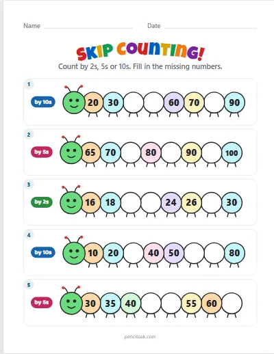 Skip counting · Mixed · 5 rows worksheet