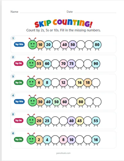Skip counting · Mixed · 6 rows · set 2 worksheet