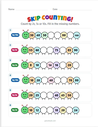 Skip counting · Mixed · 6 rows worksheet