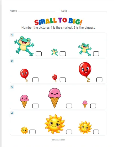 Small to big · 4 rows · set 2 worksheet