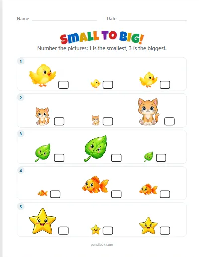 Small to big · 5 rows · set 2 worksheet