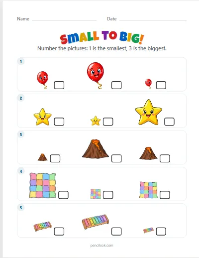 Small to big · 5 rows · set 3 worksheet
