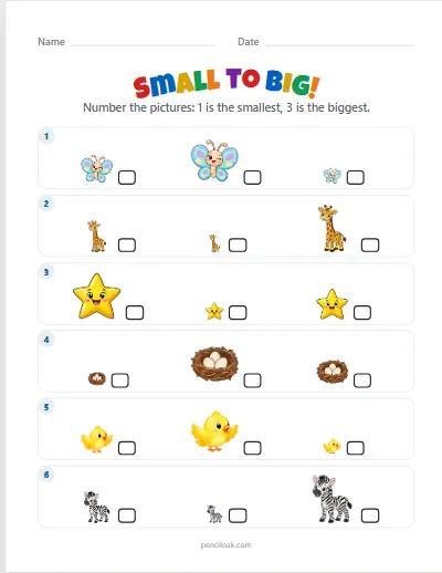 Small to big · 6 rows · set 2 worksheet