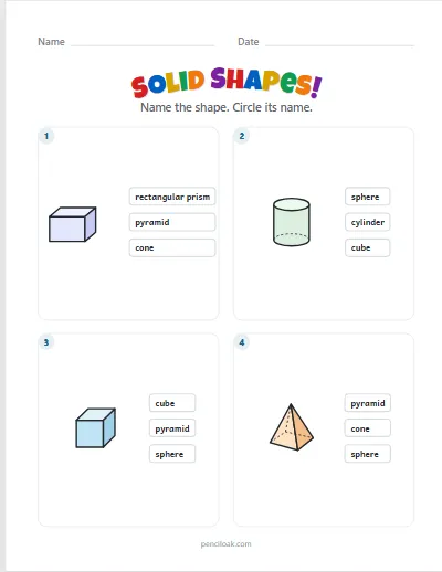 Solid shapes · All 6 shapes · 4 questions · set 2 worksheet