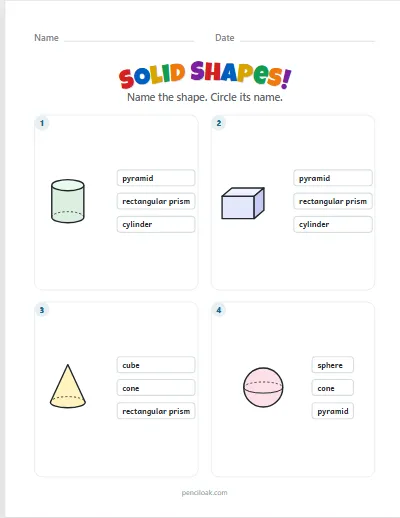 Solid shapes · All 6 shapes · 4 questions · set 3 worksheet